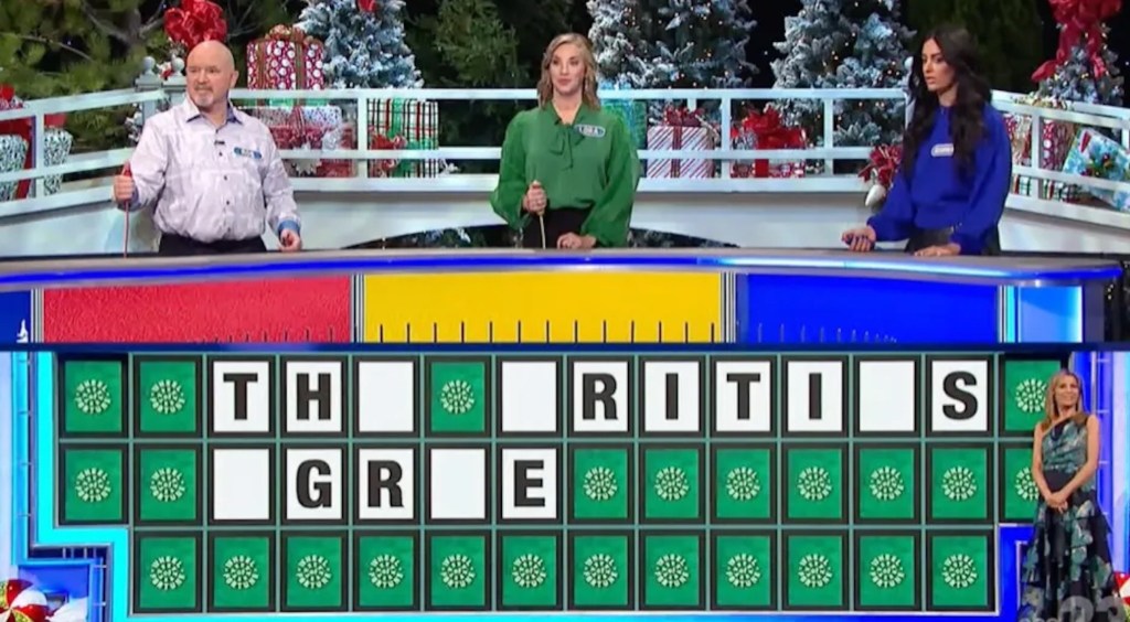 During the show's triple toss up, Tabari was faced with the category "Show Biz"  and was given the letters "TH_  _RITI_S  _GR_E."