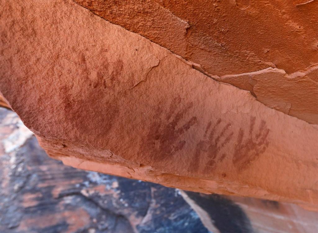 Four ancient hand prints  are shown here on a sandstone wall at the House on Fire ruins in the South Fork of Mule Canyon in the Bears Ears National Monument.