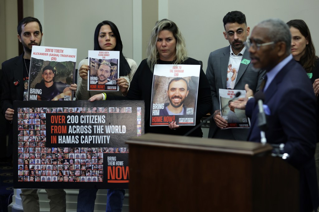 Ranking member Rep. Gregory Meeks (D-NY) (2nd R) of U.S. House Foreign Affairs Committee speaks during a news conference on the Israel-Hamas war at Rayburn House Office Building on Capitol Hill 