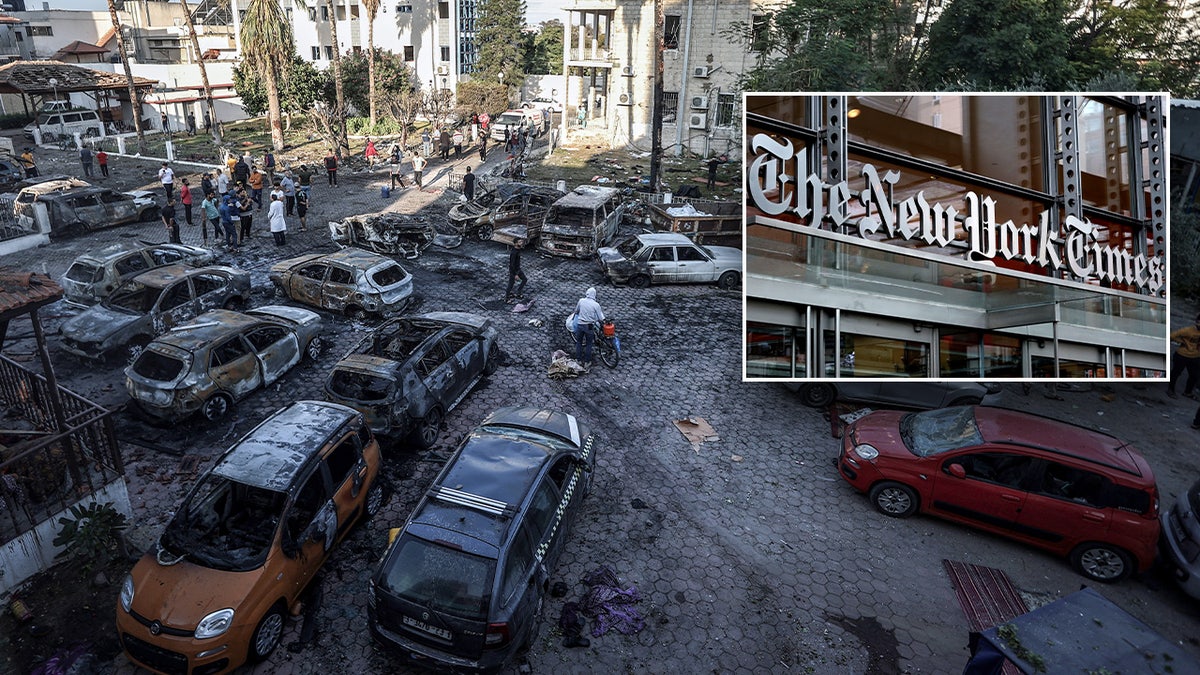 a photo of al-Ahli Hospital and the NYT logo