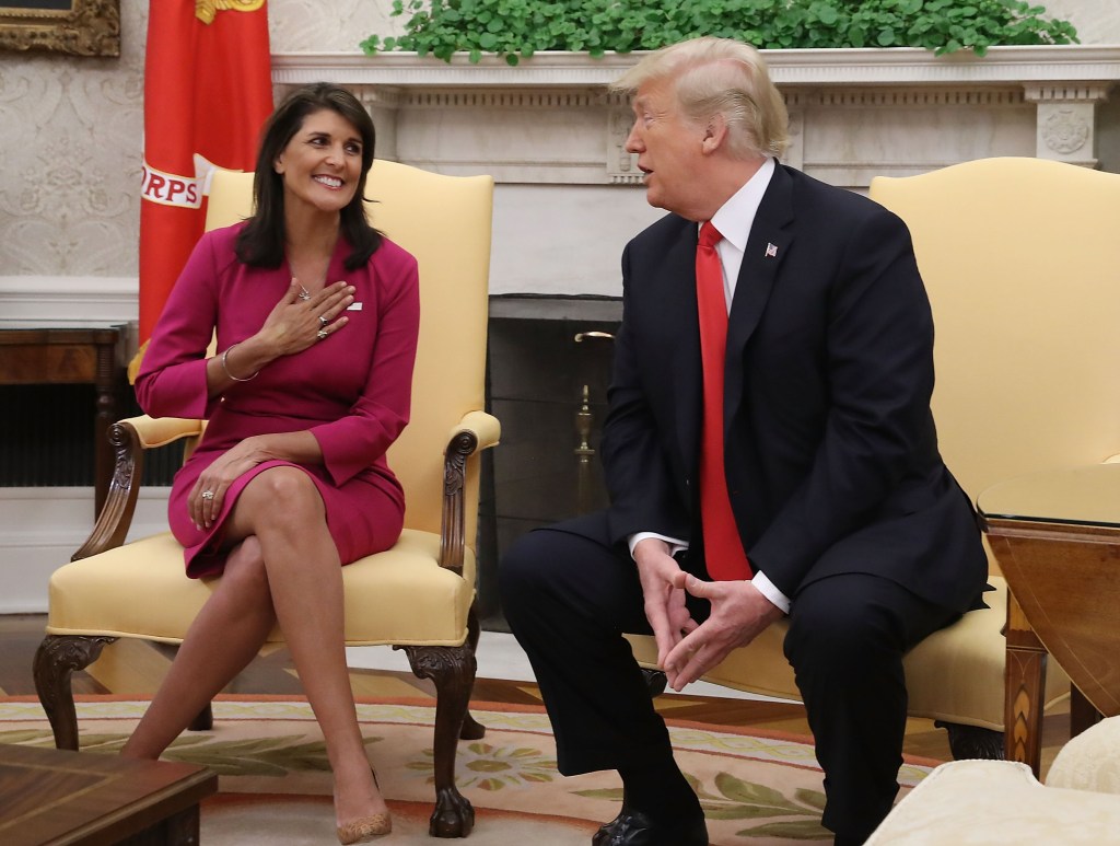 U.S. President Donald Trump announces that he has accepted the resignation of Nikki Haley as US Ambassador to the United Nations, in the Oval Office on October 9, 2018.