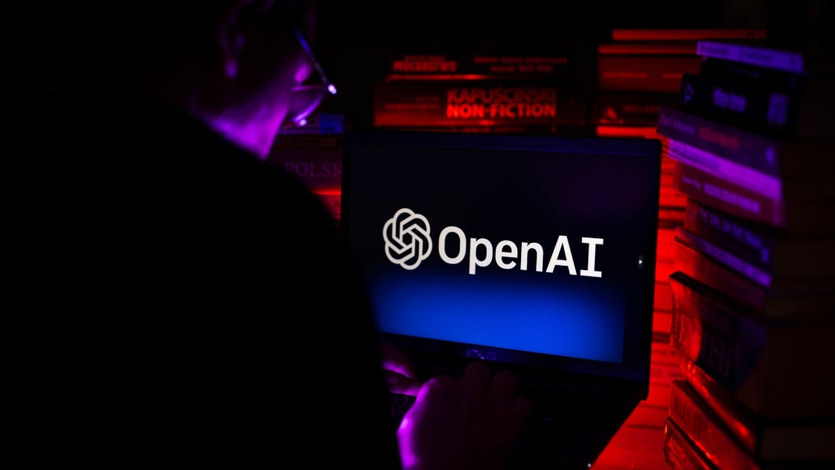 man looks at laptop with OpenAI logo on screen
