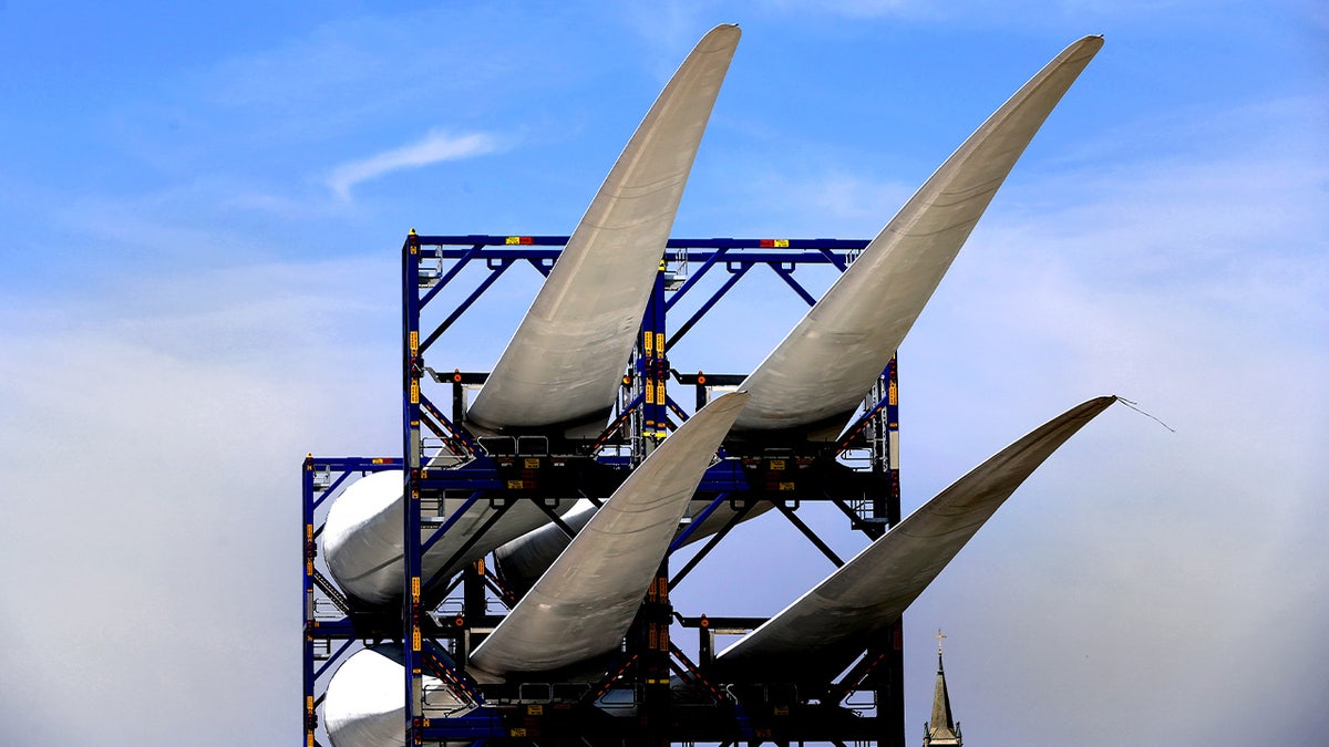 Vineyard Wind of New Bedford, the construction/layover work happening at the New Bedford Marine Terminal. A view of stacked GE Haliade- X turbine blades.