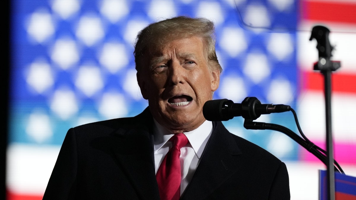 Former President Donald Trump at microphone, US flag behind him