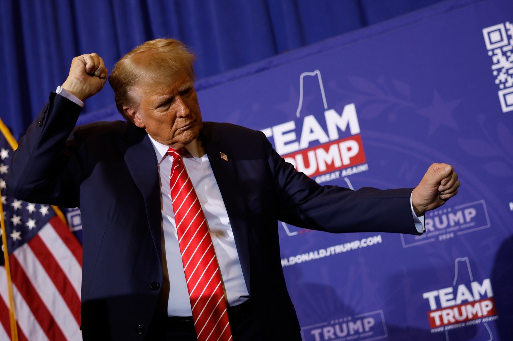 Trump dances off stage at the end of a campaign rally at the Grappone Convention Center on January 19, 2024 in Concord, New Hampshire.
