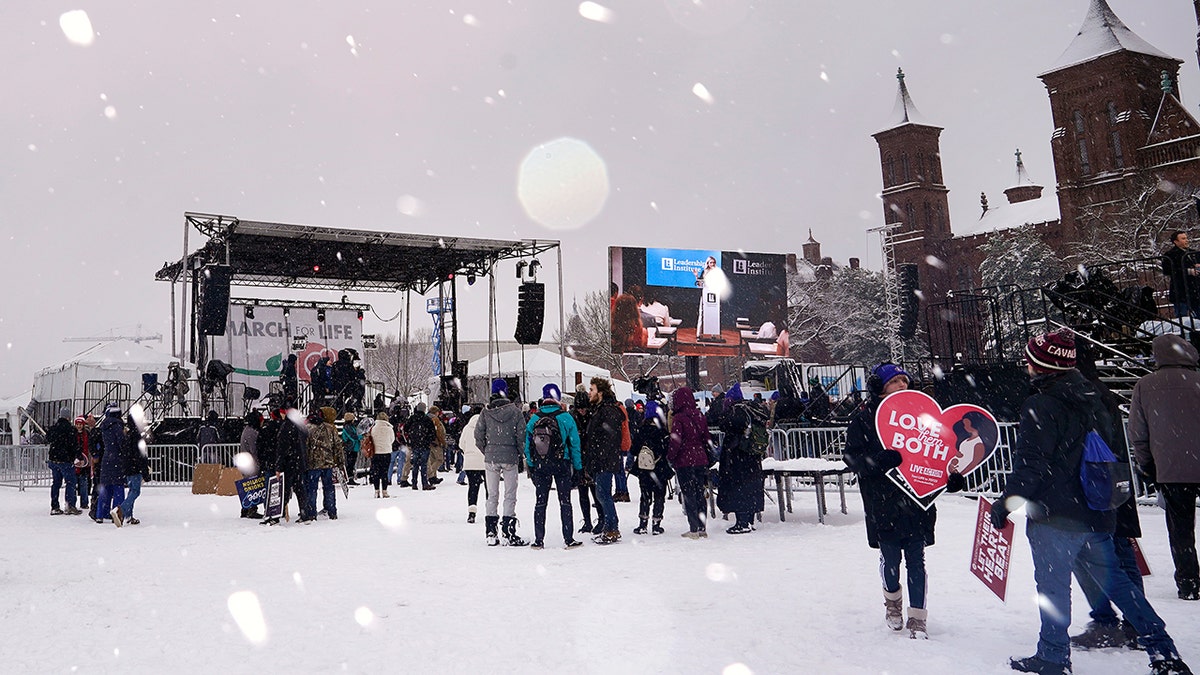 The March for Life rally stage on the snow-covered National Mall