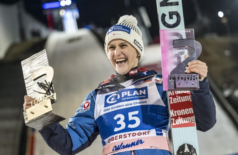 Eva Pinkelnig storms to ski jumping victory after storming from fifth to first in Oberstdorf, Abigail Strate second