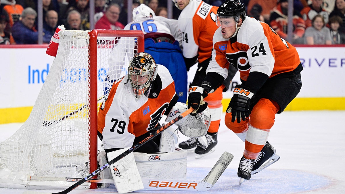 Carter Hart protects the net