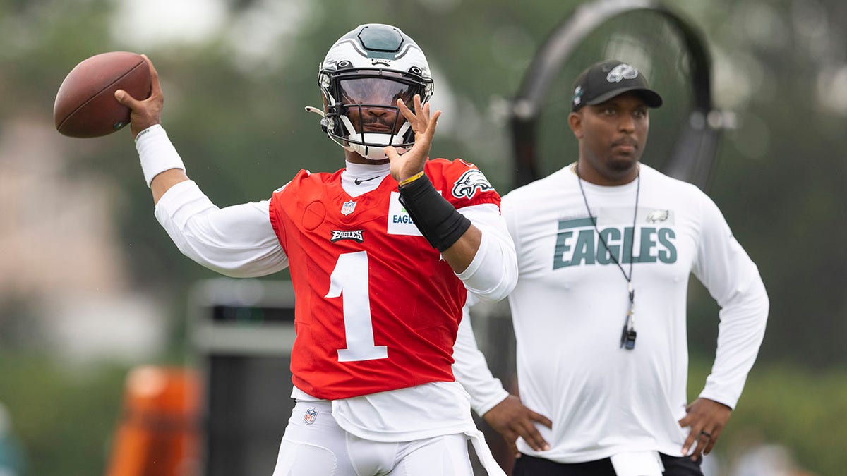 Brian Johnson looks on during an Eagles practice