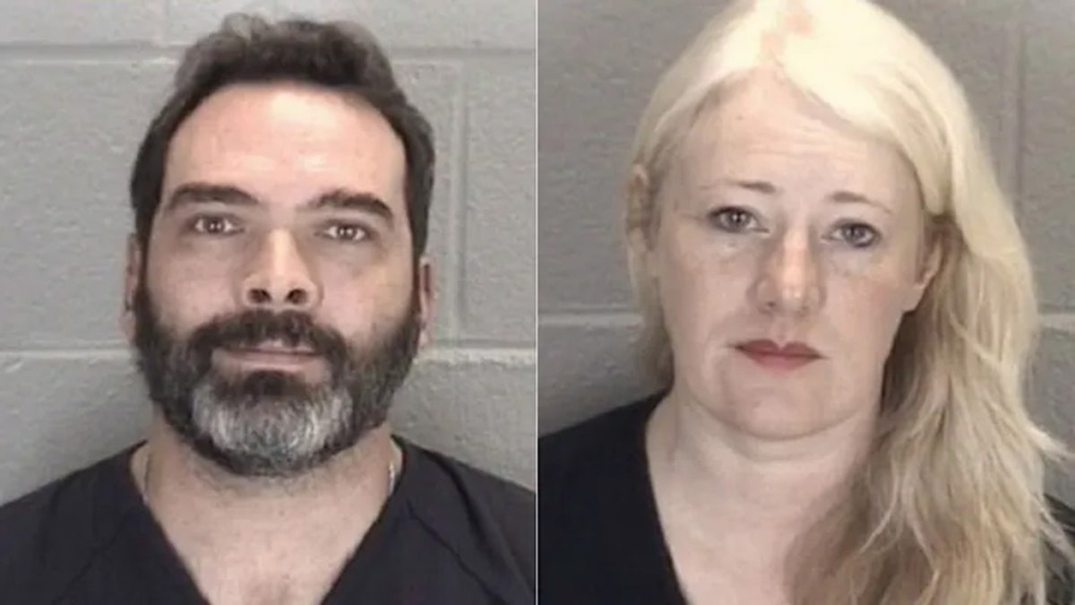 side-by-side split mugshot of the Barnetts