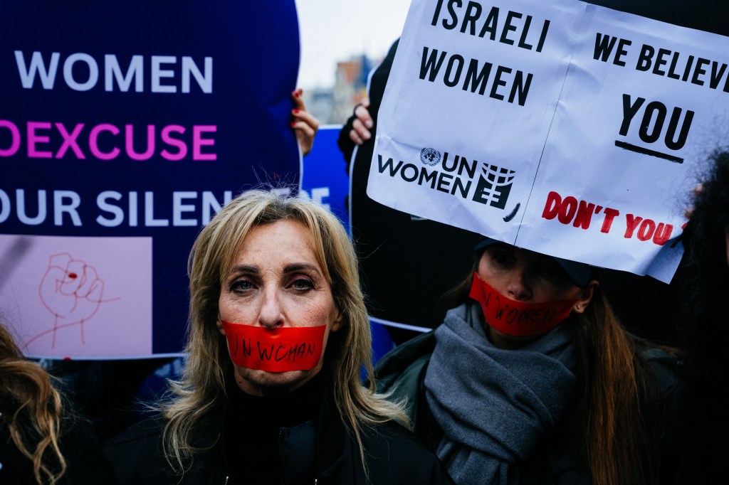 A demonstration in front of UNESCO headquarters in Paris against the sexual assaults committed by Hamas on Dec. 1, 2023.