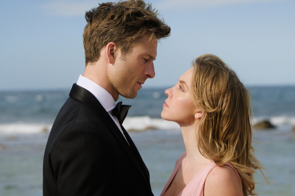 Glen Powell and Sydney Sweeney gaze at each other scene from "Anyone But You."