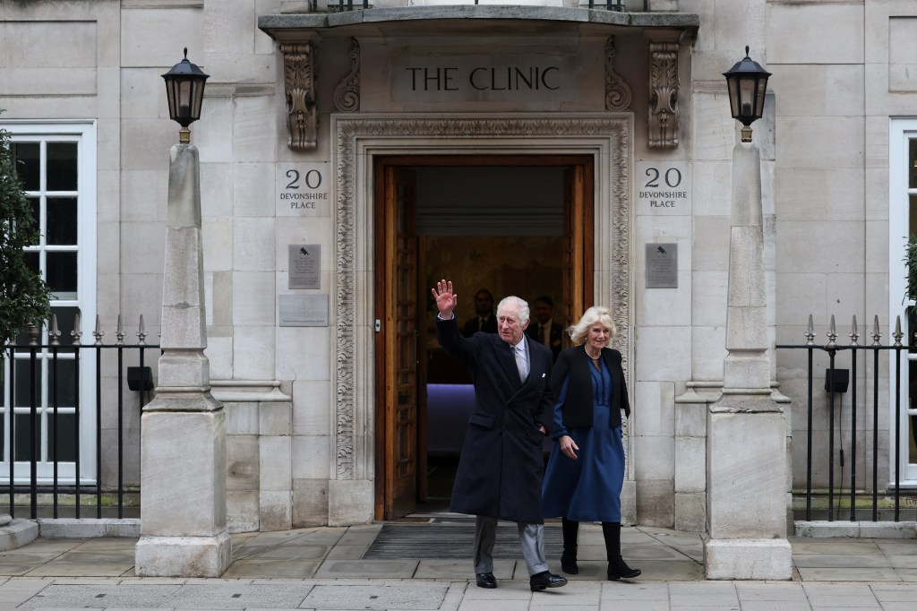 King Charles is joined by Queen Camilla as he leaves the London Vlinic on Jan. 29, 2024.