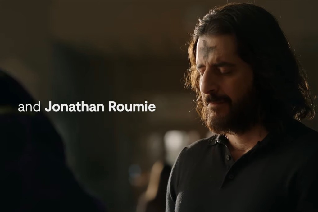 Jonathan Roumie, who plays Jesus Christ in the TBN series "The Chosen," in the Super Bowl LVIII commercial for the Catholic app Hallow.