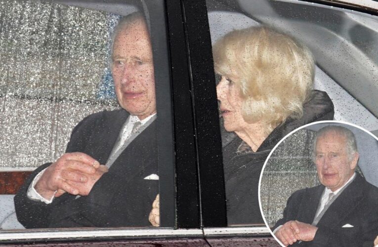 King Charles smiles as he returns to London for cancer treatment with Queen Camilla by his side