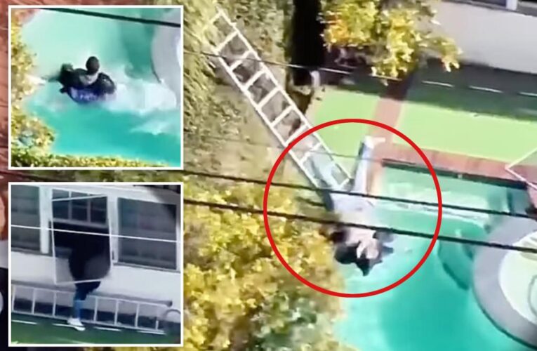 Drone video show burglar falling into Beverly Hills pool