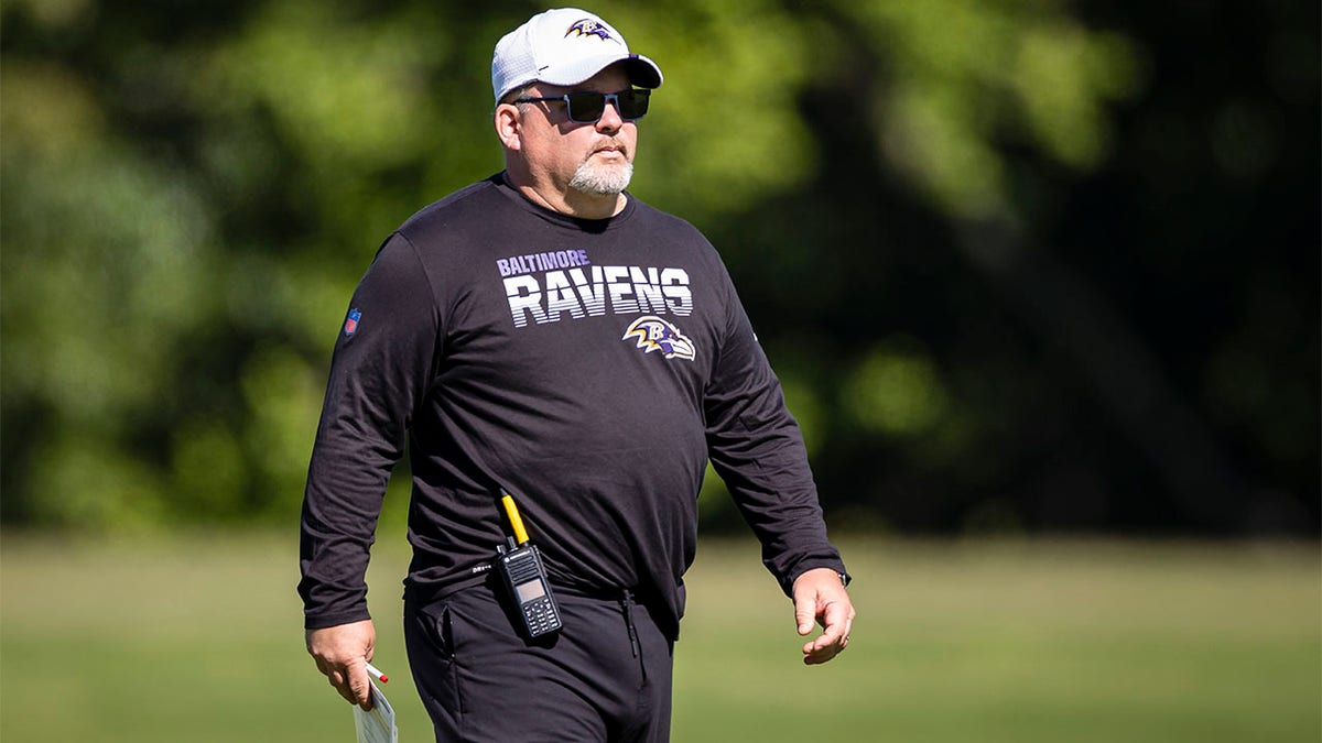 Greg Roman of the Ravens at mandatory minicamp