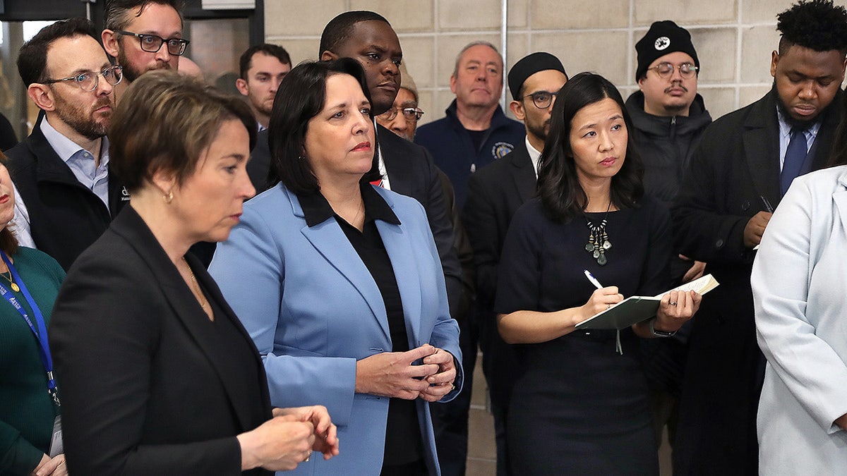 Healey at migrant shelter site in Boston