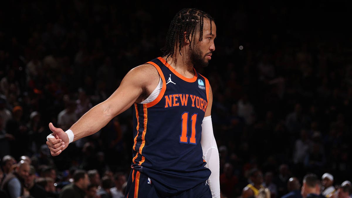 Jalen Brunson reacts during a Knicks game