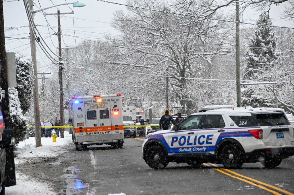 Suffolk County Police are seen responding to the reported domestic incident at the home in Udall Road in Bay Shore on Feb. 17, 2024. 