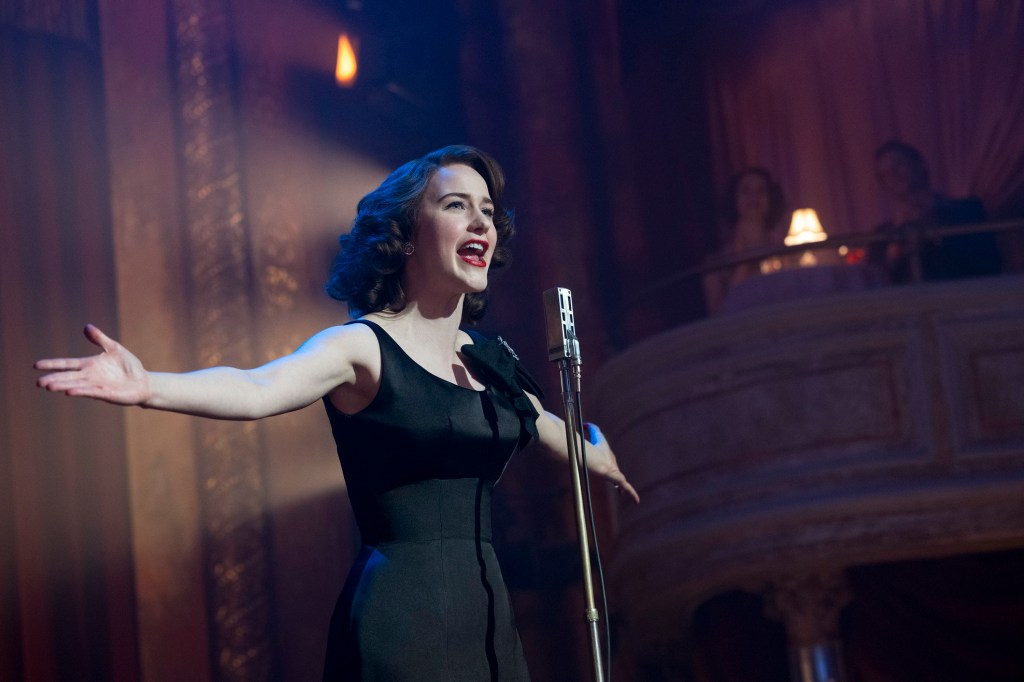 Rachel Brosnahan singing on stage in costume, from "The Marvelous Mrs. Maisel".