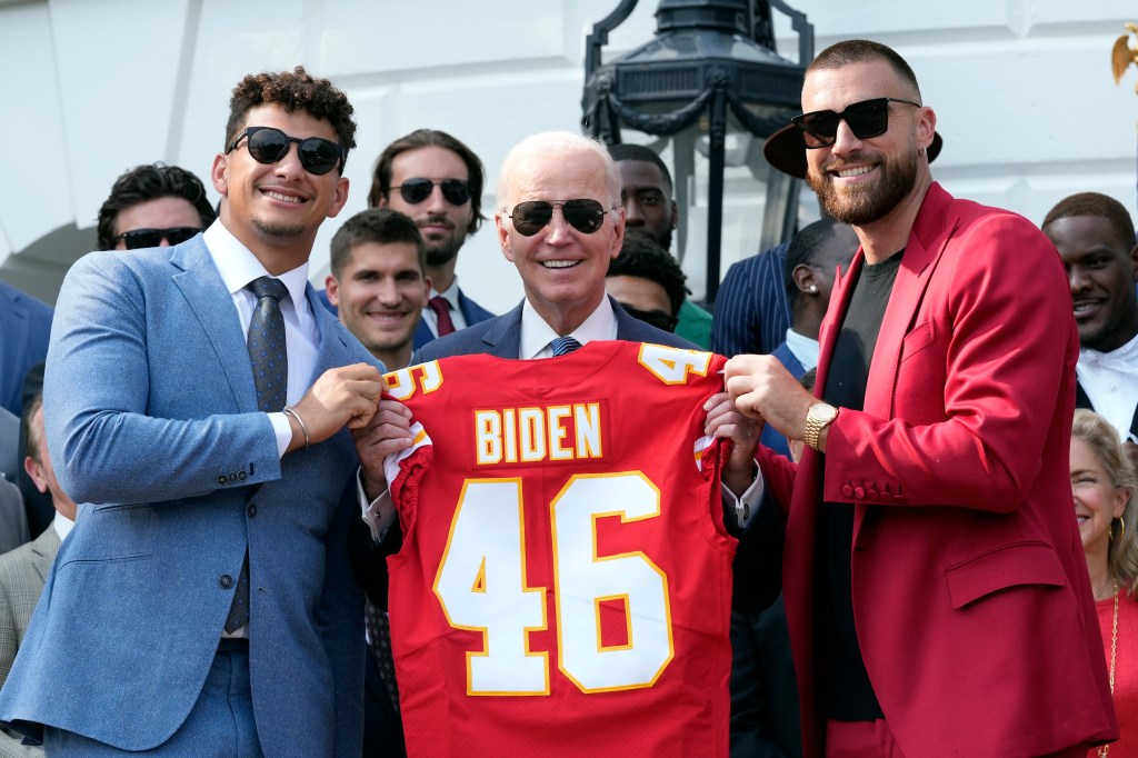 Patrick Mahomes, Joe Biden and Travis Kelce.