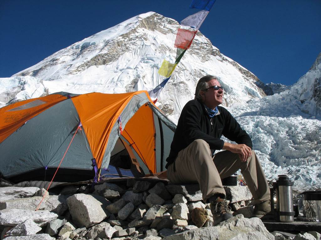 Breashears outside his tent at Everest Base Camp. 