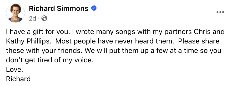 Richard Simmons posts a song on Facebook with Chris and Kathy Phillips, in a screenshot of a phone.