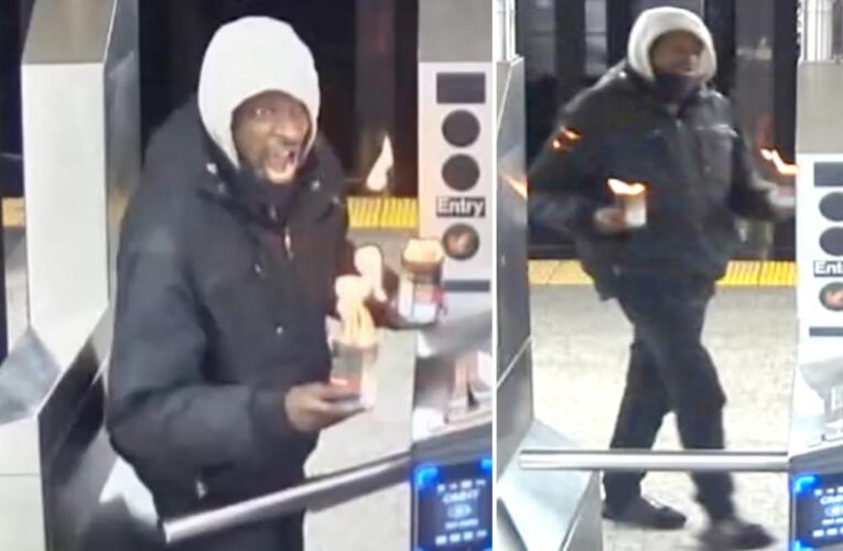 NYPD hunts for perp who tossed lit container at riders on NYC subway platform