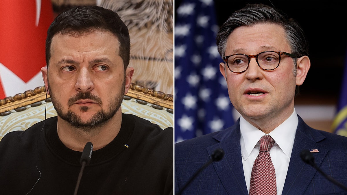 A split image of Ukrainian President Volodymyr Zelenskyy and Speaker Mike Johnson