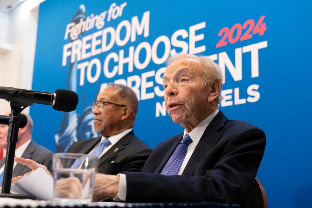 No Labels Founding Chairman and former Senator Joe Lieberman, speaks about the 2024 election at National Press Club, in Washington, Jan. 18, 2024.