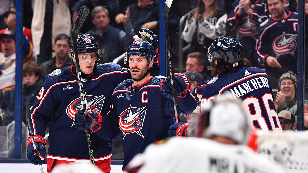 Boone Jenner celebrates a goal