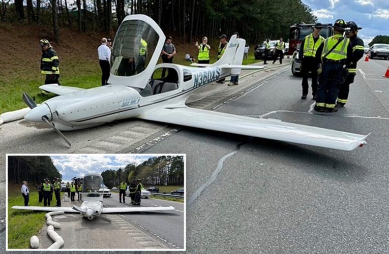 Small plane hits two cars making emergency landing on North Carolina highway
